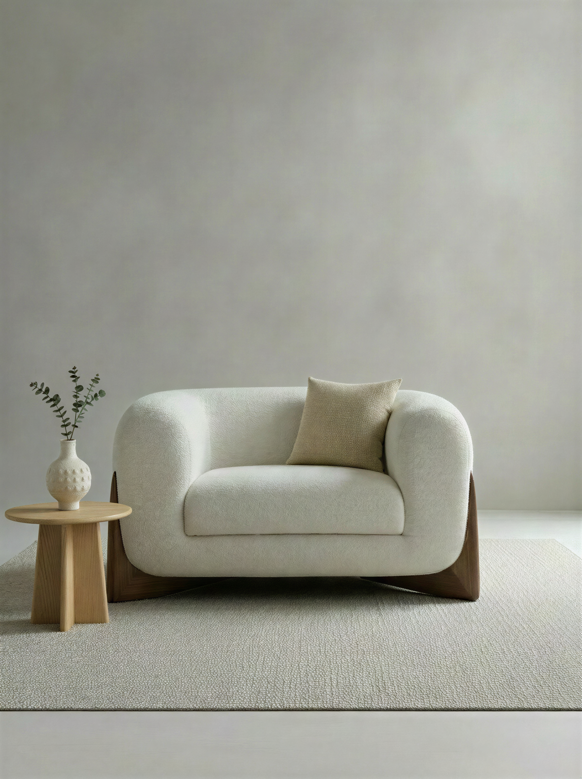 Bouclé Walnut Single Seater Sofa