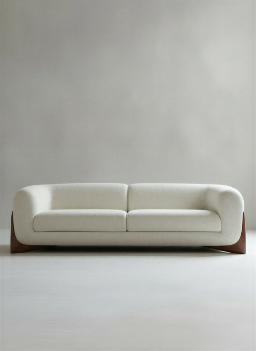 Bouclé Walnut Three Seater Sofa