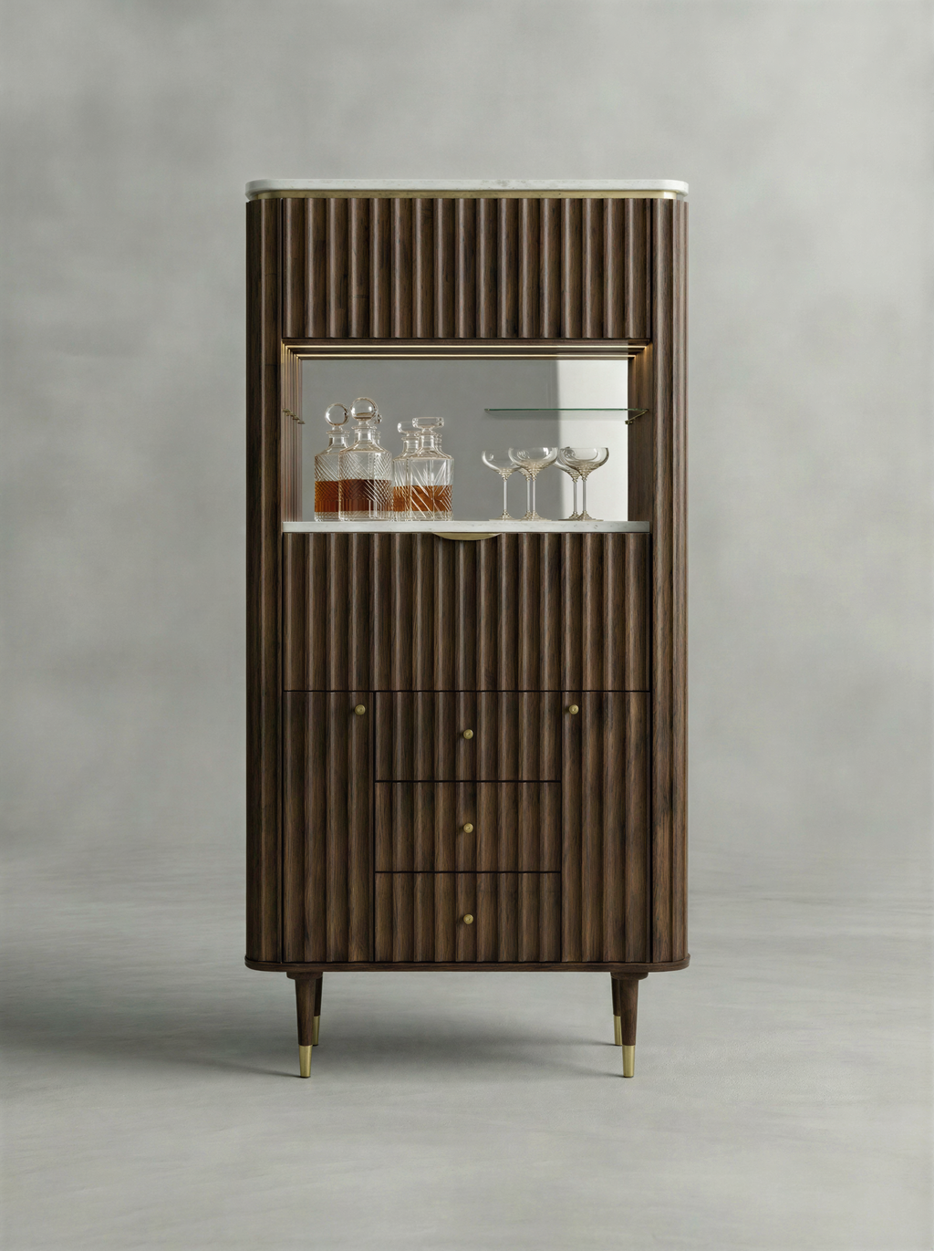 Fluted Walnut Marble Top Bar Unit