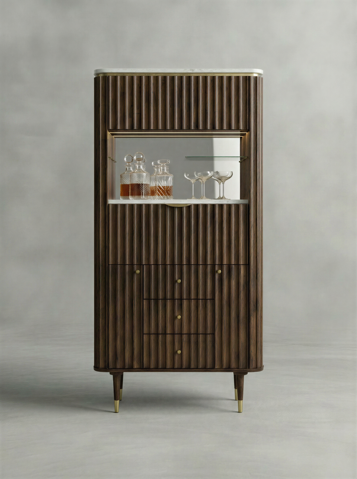 Fluted Walnut Marble Top Bar Unit