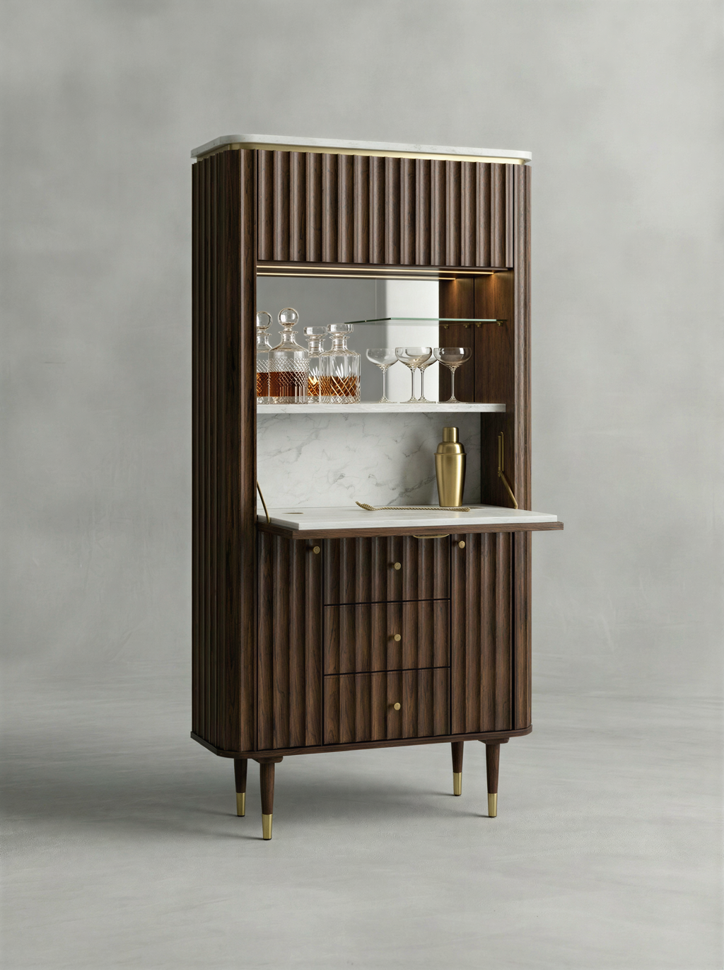 Fluted Walnut Marble Top Bar Unit