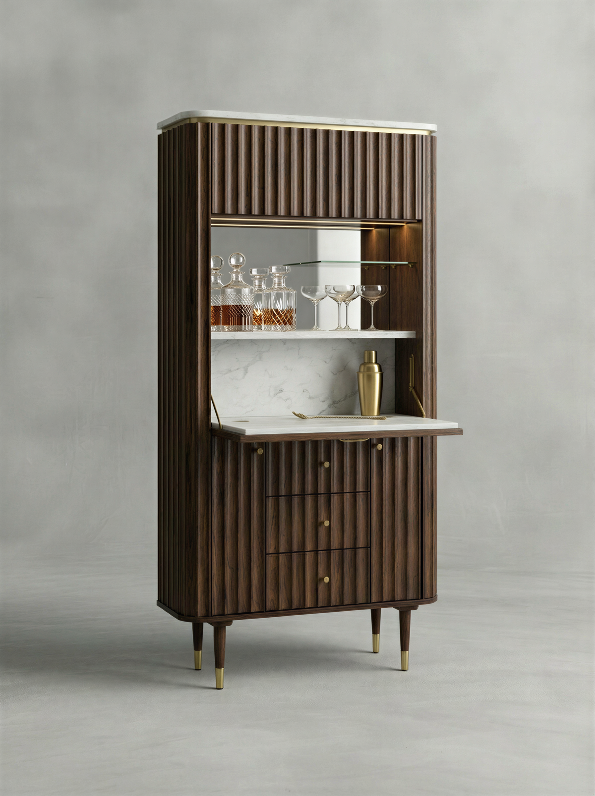 Fluted Walnut Marble Top Bar Unit