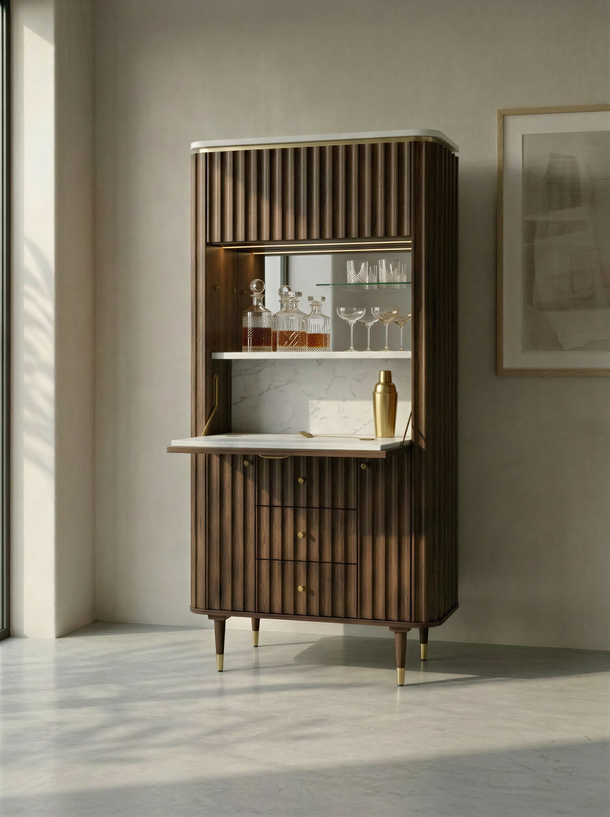 Fluted Walnut Marble Top Bar Unit