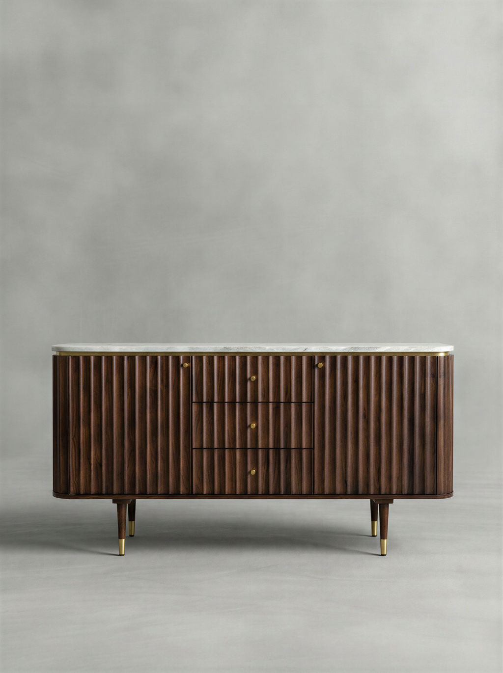 Fluted Walnut Marble Top Sideboard