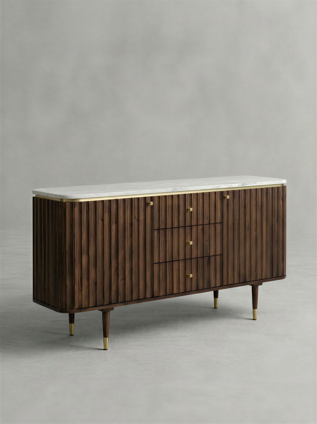 Fluted Walnut Marble Top Sideboard